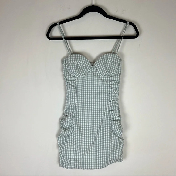 Meshki Eileen Gingham Corset Ruched Mini Dress Green White Size XXS - Picture 2 of 6